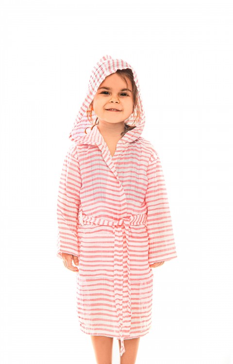 müslin çocuk bornoz (0-2 Yaş  Pembe çizgili)