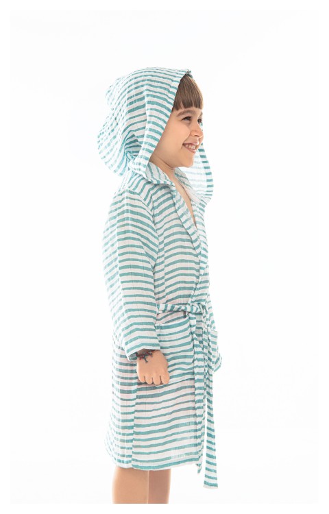 müslin çocuk bornoz (0-2 Yaş  Yeşil çizgili)