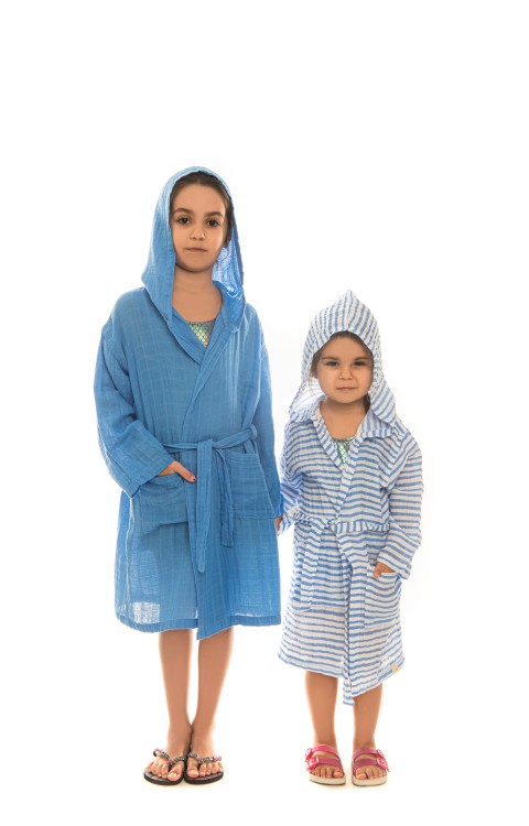 müslin çocuk bornoz (2-4 Yaş  Mavi çizgili)