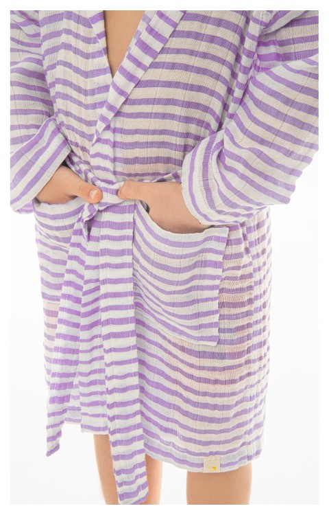 müslin çocuk bornoz (2-4 Yaş  Mor çizgili)