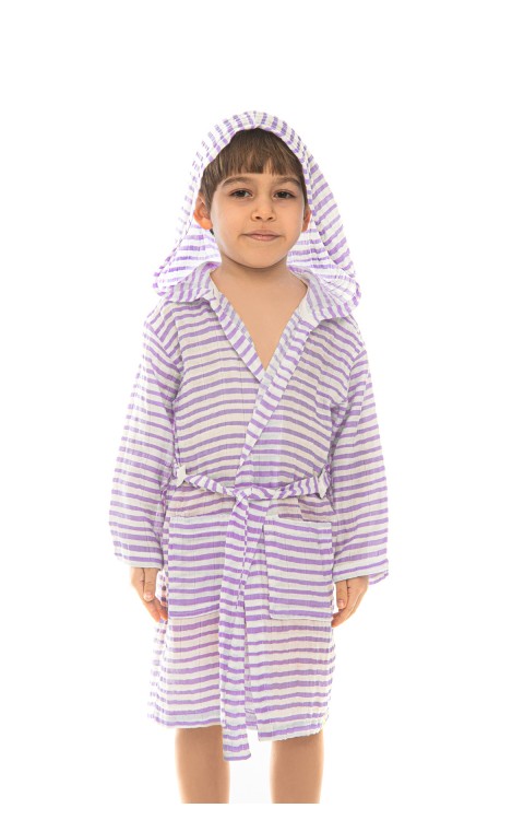 müslin çocuk bornoz (2-4 Yaş  Mor çizgili)
