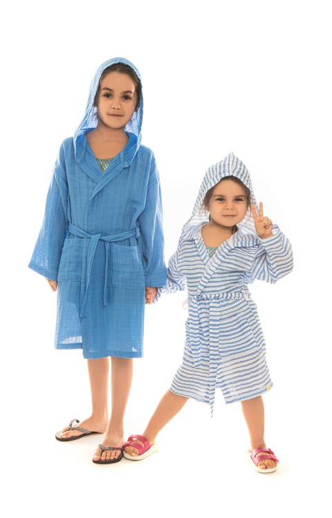 müslin çocuk bornoz (4-6 AY  Mavi çizgili)