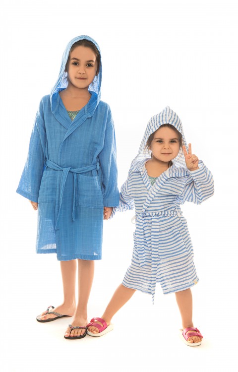 müslin çocuk bornoz (4-6 AY  Mavi çizgili)