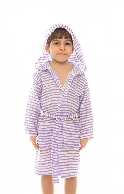müslin çocuk bornoz (4-6 AY  Mor çizgili)