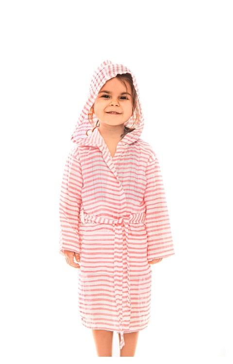 müslin çocuk bornoz (4-6 AY  Pembe çizgili)